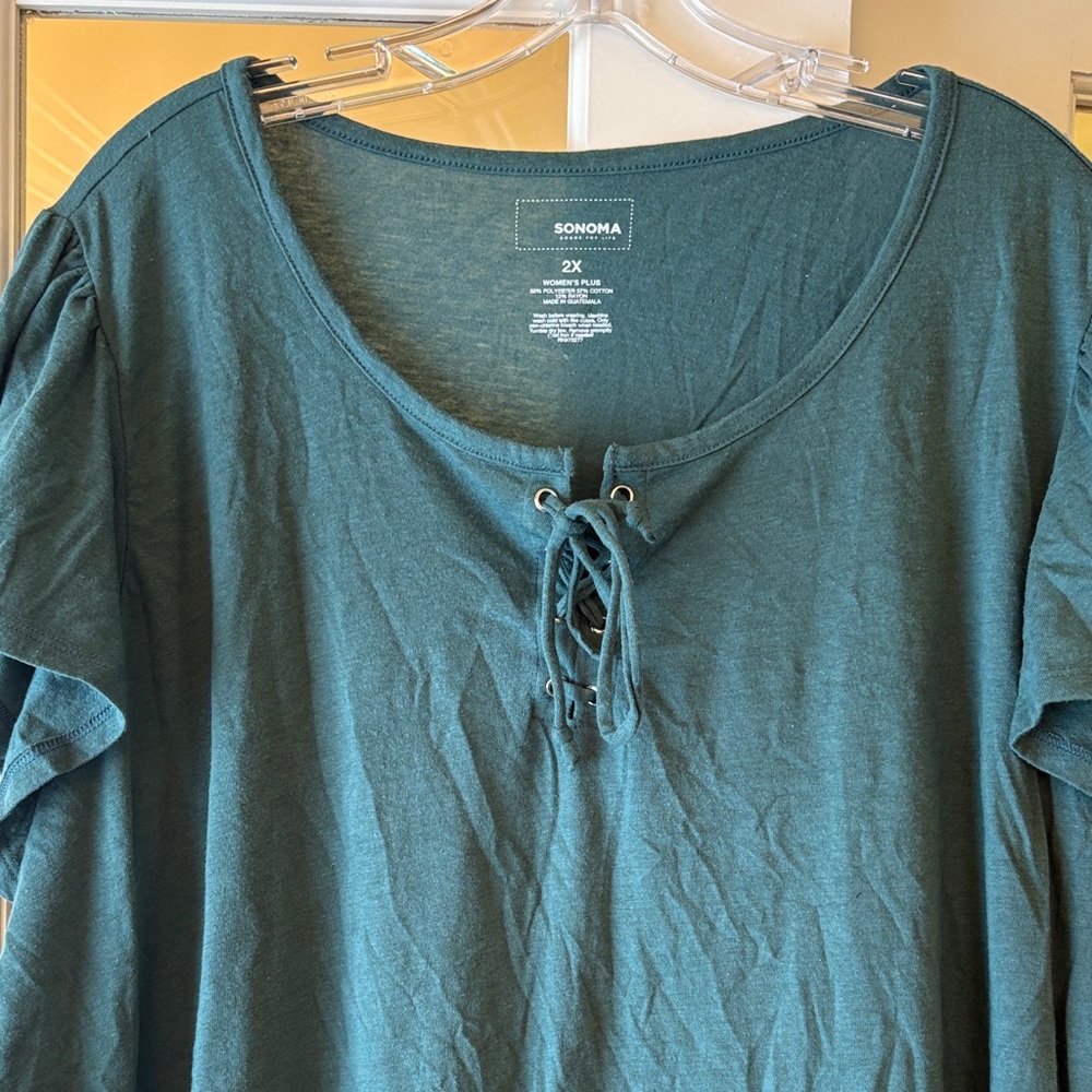 2X Sonoma Women's Teal Green Lace-Up Blouse Tshirt top